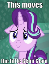 Size: 665x864 | Tagged: safe, edit, edited screencap, screencap, starlight glimmer, pony, unicorn, the crystalling, :>, cropped, cute, female, floppy ears, glim glam, glimmerbetes, happy, image macro, mare, meme, reaction image, smiling, solo, this moves, wide eyes