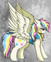 Size: 695x852 | Tagged: safe, artist:moonabelle, oc, oc only, oc:firework, pegasus, pony, female, large wings, magical lesbian spawn, mare, offspring, parent:firefly, parent:surprise, parents:fireprise, solo, wings, wonderbolt trainee uniform