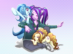 Size: 1000x735 | Tagged: safe, artist:ddd1983, adagio dazzle, aria blaze, sonata dusk, pony, equestria girls, g4, ariabetes, clothes, cute, equestria girls ponified, eyes closed, female, one eye closed, pants, ponified, shoes, sitting, sleeping, sneakers, the dazzlings, wink