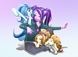 Size: 1000x735 | Tagged: safe, artist:ddd1983, adagio dazzle, aria blaze, sonata dusk, earth pony, human, pony, equestria girls, g4, ariabetes, clothes, cute, disguise, disguised siren, earth pony adagio dazzle, earth pony sonata dusk, equestria girls ponified, eyes closed, female, gem, human on pony snuggling, mare, one eye closed, pants, ponified, shoes, siren gem, sitting, sleeping, sneakers, snuggling, the dazzlings, wink