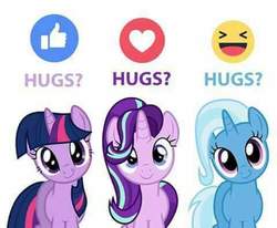 Size: 480x396 | Tagged: source needed, useless source url, safe, starlight glimmer, trixie, twilight sparkle, pony, unicorn, g4, bronybait, counterparts, emoji, facebook, facebook reactions, female, hug request, looking at you, mare, simple background, smiling, twilight's counterparts, white background, 👍