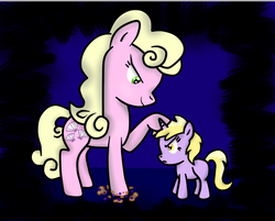 Size: 768x616 | Tagged: safe, artist:purpleloverpony, dinky hooves, millie, fanfic:aunt millie, g4, aunt and niece, author:fluttercheer, blueberry muffin (food), fanfic, fanfic art, food, muffin