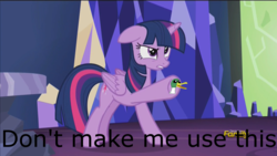 Size: 1920x1080 | Tagged: safe, edit, edited screencap, editor:mrdoctorderpy, screencap, twilight sparkle, alicorn, duck, pony, g4, what about discord?, angry, discovery family logo, duck badge, female, image macro, meme, op is a duck (reaction image), pointing, reaction image, solo, twilight sparkle (alicorn)