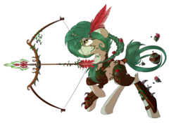 Size: 1998x1406 | Tagged: safe, artist:beardie, oc, oc only, oc:flora, pony, unicorn, archer, armor, arrow, bow (weapon), bow and arrow, braid, feather in hair, flower, green mane, rose, simple background, solo, weapon, white background