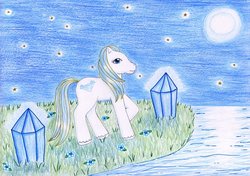 Size: 1024x720 | Tagged: safe, artist:normaleeinsane, princess sapphire, earth pony, pony, g2, crystal, female, flower, full moon, grass, mare, moon, night, outdoors, raised hoof, smiling, solo, starry night, stars, traditional art, unshorn fetlocks, water