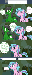 Size: 1280x3009 | Tagged: safe, artist:hummingway, oc, oc only, oc:feather hummingway, oc:swirly shells, ask-humming-way, dialogue, forest, tumblr, tumblr comic