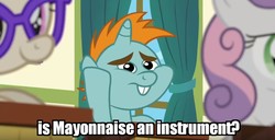 Size: 1062x542 | Tagged: safe, edit, edited screencap, screencap, snips, sweetie belle, twist, g4, the cart before the ponies, band geeks, image macro, is mayonnaise an instrument?, meme, ponyville schoolhouse, school, spongebob squarepants