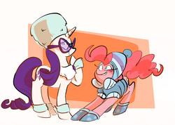 Size: 1402x1000 | Tagged: safe, artist:mmcg, pinkie pie, rarity, g4, clothes, glasses, winter outfit