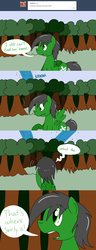 Size: 1280x3348 | Tagged: safe, artist:hummingway, oc, oc only, oc:feather hummingway, ask-humming-way, dialogue, forest, solo, tumblr, tumblr comic