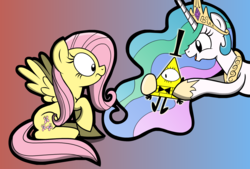 Size: 1359x919 | Tagged: safe, artist:kingtoby19, fluttershy, princess celestia, alicorn, pegasus, pony, g4, bill cipher, crossover, female, gradient background, gravity falls, male, mare, xk-class end-of-the-world scenario