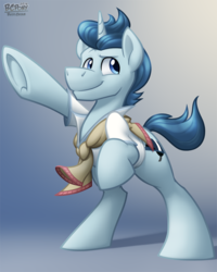 Size: 560x699 | Tagged: safe, artist:bcpony, polo play, pony, unicorn, g4, princess spike, background pony, clothes, las pegasus resident, male, polo player, rearing, solo, stallion, underhoof