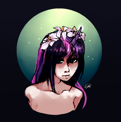 Size: 985x994 | Tagged: safe, artist:goldendawnraising, twilight sparkle, human, g4, bust, female, floral head wreath, flower, horn, horned humanization, humanized, portrait, solo