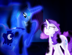 Size: 1644x1257 | Tagged: safe, artist:faith-wolff, princess luna, rarity, alicorn, pony, unicorn, fanfic:the bridge, g4, duo, ethereal mane, fanfic, fanfic art, female, mare, starry mane, story included