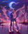 Size: 1977x2400 | Tagged: dead source, safe, artist:gianghanz, princess luna, alicorn, pony, g4, beautiful, crescent moon, crown, female, jewelry, mare, moon, raised hoof, regalia, scenery, smiling, solo, spread wings, tree, water