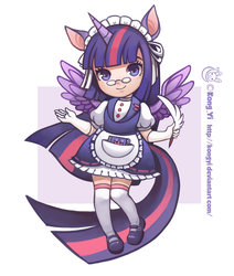 Size: 1024x1209 | Tagged: safe, artist:kongyi, twilight sparkle, human, g4, clothes, dress, eared humanization, female, horn, horned humanization, humanized, maid, quill, solo, spread wings, tailed humanization, twilight sparkle (alicorn), winged humanization