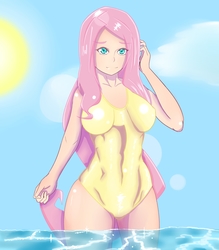 Size: 3011x3439 | Tagged: safe, artist:salemnaoe, fluttershy, human, g4, clothes, female, high res, humanized, legs in the water, one-piece swimsuit, solo, swimsuit