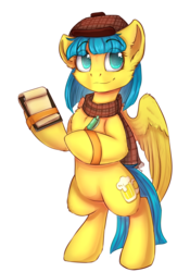 Size: 1877x2687 | Tagged: dead source, safe, artist:freckleplant, oc, oc only, oc:ginger ale, pony, bipedal, clothes, hoof hold, scarf, simple background, solo, transparent background