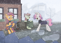 Size: 1993x1409 | Tagged: safe, artist:sv37, apple bloom, scootaloo, sweetie belle, g4, cutie mark crusaders, november, snow
