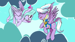 Size: 3500x1969 | Tagged: safe, artist:white-pilled, cloudchaser, flitter, g4, bow, clothes, cloud, cute, duo, duo female, female, flying, hair bow, open mouth, raised hoof, sisters, sky, smiling, wonderbolts uniform
