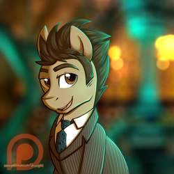 Size: 1440x1440 | Tagged: safe, artist:deyogee, doctor whooves, time turner, earth pony, pony, g4, blazer, clothes, crossover, doctor who, looking at you, male, necktie, patreon, patreon logo, ponified, shirt, sideburns, solo, tardis, tardis console room, tardis control room, tenth doctor, the doctor