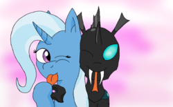 Size: 1300x804 | Tagged: safe, artist:eulicious, thorax, trixie, pony, unicorn, g4, female, male, mare, one eye closed, shipping, simple background, straight, thoraxie, tongue out