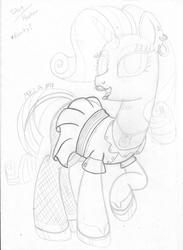 Size: 2550x3477 | Tagged: safe, artist:pananovich, rarity, pony, unicorn, g4, clothes, dress, ear piercing, earring, female, fishnet stockings, high res, jewelry, lipstick, makeup, mela, monochrome, pendant, piercing, shoes, sketch, slut, solo, thigh highs, traditional art