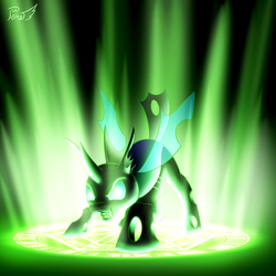 Size: 1102x1102 | Tagged: safe, artist:phoenixperegrine, changeling, fangs, glowing, magic, magic circle, smiling, solo