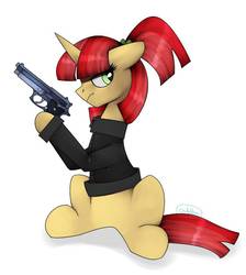 Size: 842x939 | Tagged: safe, artist:chibadeer, oc, oc only, pony, unicorn, beretta, clothes, dexterous hooves, female, gun, handgun, hoof hold, hooves, horn, m9, mare, pistol, simple background, sitting, solo, weapon, white background