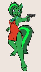 Size: 734x1280 | Tagged: safe, artist:fetchbeer, oc, oc only, oc:jade aurora, anthro, unguligrade anthro, anthro oc, blue eyes, breasts, cleavage, clothes, dress, ear piercing, female, grimace, gun, handgun, hips, hooves, jewelry, necklace, piercing, pistol, red dress, side slit, solo, spy, unshorn fetlocks, weapon