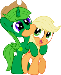 Size: 5500x6744 | Tagged: safe, artist:limedreaming, artist:supermlpfan, applejack, oc, oc:lime dream, pony, unicorn, g4, absurd resolution, accessory swap, base used, canon x oc, chibi, cute, ear bite, female, lesbian, mare, shipping, simple background, transparent background