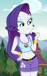 Size: 450x720 | Tagged: safe, edit, edited screencap, editor:ah96, screencap, rarity, equestria girls, g4, my little pony equestria girls: legend of everfree, belly button, bracelet, breast edit, breasts, busty rarity, camp everfree logo, camp everfree outfits, cleavage, clothes, cropped, daisy dukes, female, jewelry, midriff, pants, shorts, solo