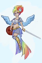 Size: 1276x1920 | Tagged: safe, artist:helloiamyourfriend, rainbow dash, human, fanfic:a werewolf in canterlot, g4, armor, armor skirt, belly button, clothes, cute, fanfic, fanfic art, female, humanized, midriff, pastebin, sandals, shield, skirt, solo, sword, unconvincing armor, weapon, wings