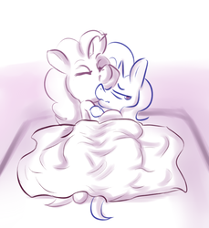 Size: 1280x1396 | Tagged: safe, artist:helloiamyourfriend, pinkie pie, trixie, earth pony, pony, unicorn, g4, blanket, colored sketch, drawthread, eyes closed, female, lesbian, mare, monochrome, partial color, ship:trixiepie, shipping, sketch, smiling, snuggling, tsundere
