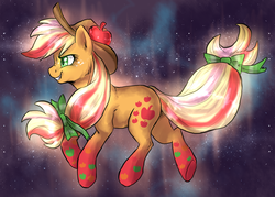 Size: 1522x1092 | Tagged: safe, artist:not-ordinary-pony, applejack, g4, cowboy hat, female, floating, freckles, hat, night, rainbow power, smiling, solo, stars, stetson