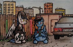 Size: 2560x1672 | Tagged: artist needed, safe, oc, oc only, pegasus, pony, alcohol, beer, bottle, car, gopnik, lada, russian, slav, squatting, traditional art
