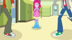 Size: 1280x720 | Tagged: safe, artist:mlprocker123, normal norman, pinkie pie, thunderbass, equestria girls, background human, boots, bracelet, clothes, dress, high heel boots, jewelry, love triangle, male, normalpie, pants, pinkiebass, shipping, shoes, skirt, sneakers, straight