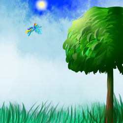 Size: 512x512 | Tagged: safe, artist:brainiac, rainbow dash, g4, female, flying, grass, solo, tree