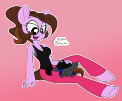 Size: 1200x988 | Tagged: safe, artist:dativyrose, oc, oc only, oc:ivy rose, oc:lightning chaser, earth pony, anthro, unguligrade anthro, chibi, clothes, cute, glasses, petting, ponytail, tank top, yoga pants