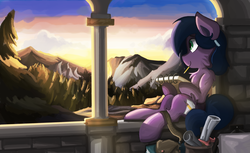 Size: 1600x979 | Tagged: safe, artist:saxopi, oc, oc only, oc:quiet scribble, earth pony, pony, forest, mountain, mountain range, pencil, saddle bag, scenery, sketchbook, solo