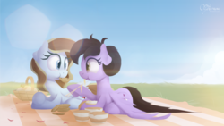 Size: 1920x1080 | Tagged: safe, artist:opticspectrum, oc, oc only, cookie, duo, food, noodles, picnic