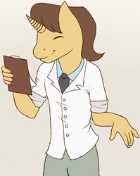Size: 571x719 | Tagged: safe, artist:wtfeather, edit, doctor horse, doctor stable, unicorn, anthro, g4, clipboard, clothes, cropped, eyes closed, male, missing accessory, smiling, solo, stallion