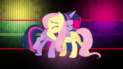 Size: 3840x2160 | Tagged: safe, artist:cloudy glow, artist:laszlvfx, edit, fluttershy, twilight sparkle, alicorn, pegasus, pony, g4, the hooffields and mccolts, butt, eyes closed, high res, hug, plot, scene interpretation, twilight sparkle (alicorn), vector, wallpaper, wallpaper edit