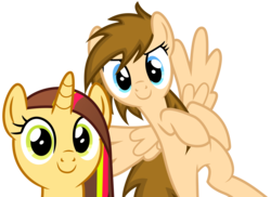 Size: 3811x2779 | Tagged: safe, artist:itspeahead, oc, oc only, oc:cherry lights, oc:stellar winds, pegasus, pony, unicorn, g4, blue eyes, flying, green eyes, high res, photobomb, show accurate, simple background, transparent background, vector