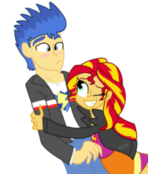 Size: 1310x1536 | Tagged: safe, artist:ellycooarts, flash sentry, sunset shimmer, equestria girls, g4, blushing, clothes, hug, jacket, leather jacket, male, ship:flashimmer, shipping, simple background, straight, transparent background, vector