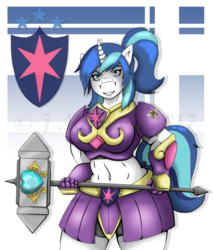 Size: 656x771 | Tagged: safe, artist:jimjamdoodles, shining armor, anthro, g4, abs, armor, badass, belly button, big breasts, breasts, busty gleaming shield, female, gleaming shield, hammer, ponytail, rule 63, smiling, solo, story in the comments, story in the source, thighs, unconvincing armor, war hammer, weapon, wide hips