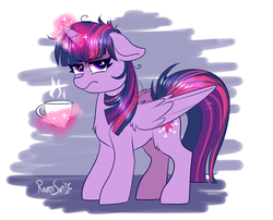 Size: 965x778 | Tagged: safe, artist:confetticakez, twilight sparkle, alicorn, pony, g4, coffee, cup, female, glowing horn, grumpy, horn, looking at you, magic, signature, simple background, solo, twilight sparkle (alicorn), twilight sparkle is not amused, unamused