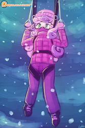 Size: 750x1125 | Tagged: safe, artist:lumineko, sweetie belle, equestria girls, g4, bundled up, bundled up for winter, clothes, coat, female, goggles, parachute, parachuting, patreon, patreon logo, patreon reward, signature, snow, snowfall, solo, winter outfit