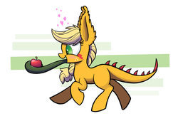 Size: 1100x750 | Tagged: safe, artist:heir-of-rick, applejack, monster pony, original species, tatzlpony, daily apple pony, g4, apple, female, food, heart, impossibly large ears, solo, species swap, tatzljack, tentacle tongue, tentacles, that pony sure does love apples