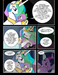 Size: 1275x1650 | Tagged: safe, artist:dsana, princess celestia, spike, twilight sparkle, dragon, pony, comic:to look after, g4, bed, comic, crying, hospital, hospital bed, hug, she's alive