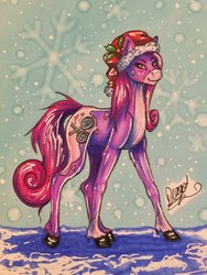 Size: 1024x1365 | Tagged: safe, artist:drago-draw, oc, oc only, oc:candied passion, earth pony, pony, commission, snow, solo, traditional art